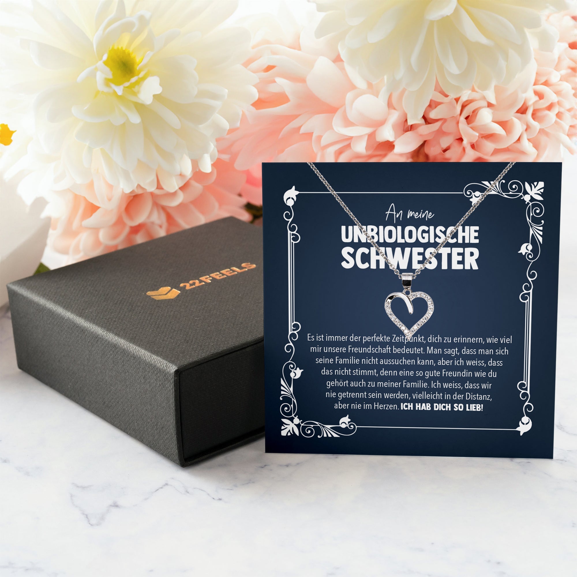 22Feels® Unbiologische Schwester Beste Freundin Geschenk Silber 925/000 Schmuck Frauen Collier Herz Anhaenger mit Karte Mädchen Damen Geburtstag Bestie BFF-Schmuck mit Botschaftskarte - Herz21-22Feels