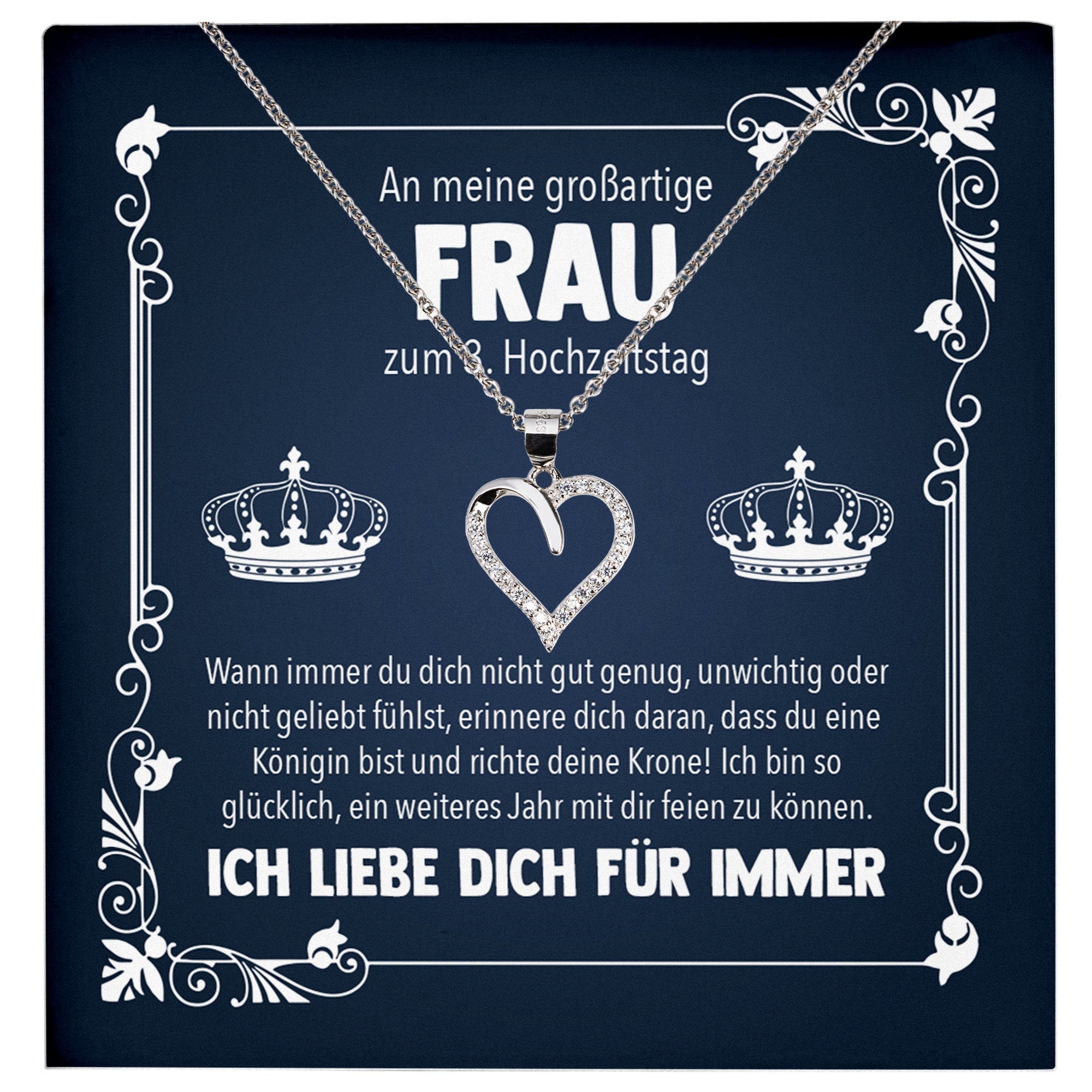 22Feels® Ehefrau Hochzeitstag Geschenk Königin Ich Liebe Dich Frauen Schmuck Silber 925/000 Herz Halskette Damen Collier mit 23 Zirkonia Steinen-Schmuck mit Botschaftskarte - Herz21-22Feels