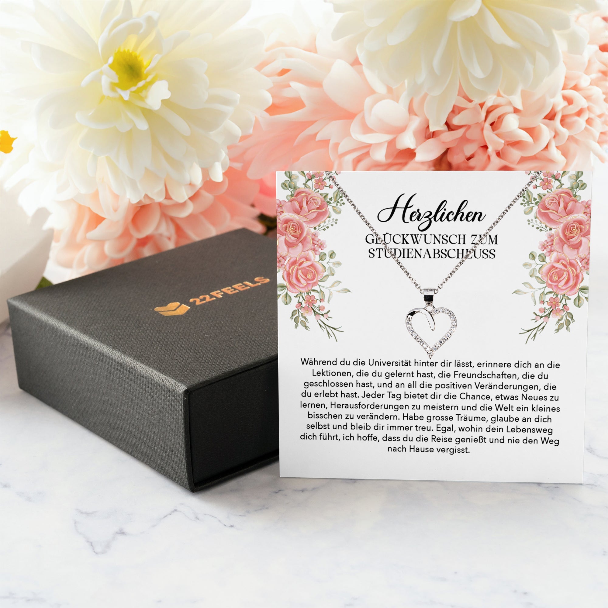 22Feels® Studienabschluss Geschenk Silber 925 Herz Halskette mit Karte Uni Studentin Glückwunsch Frauen Schmuck Bachelor Master Doktortitel Absolvia-Schmuck mit Botschaftskarte - Herz21-22Feels