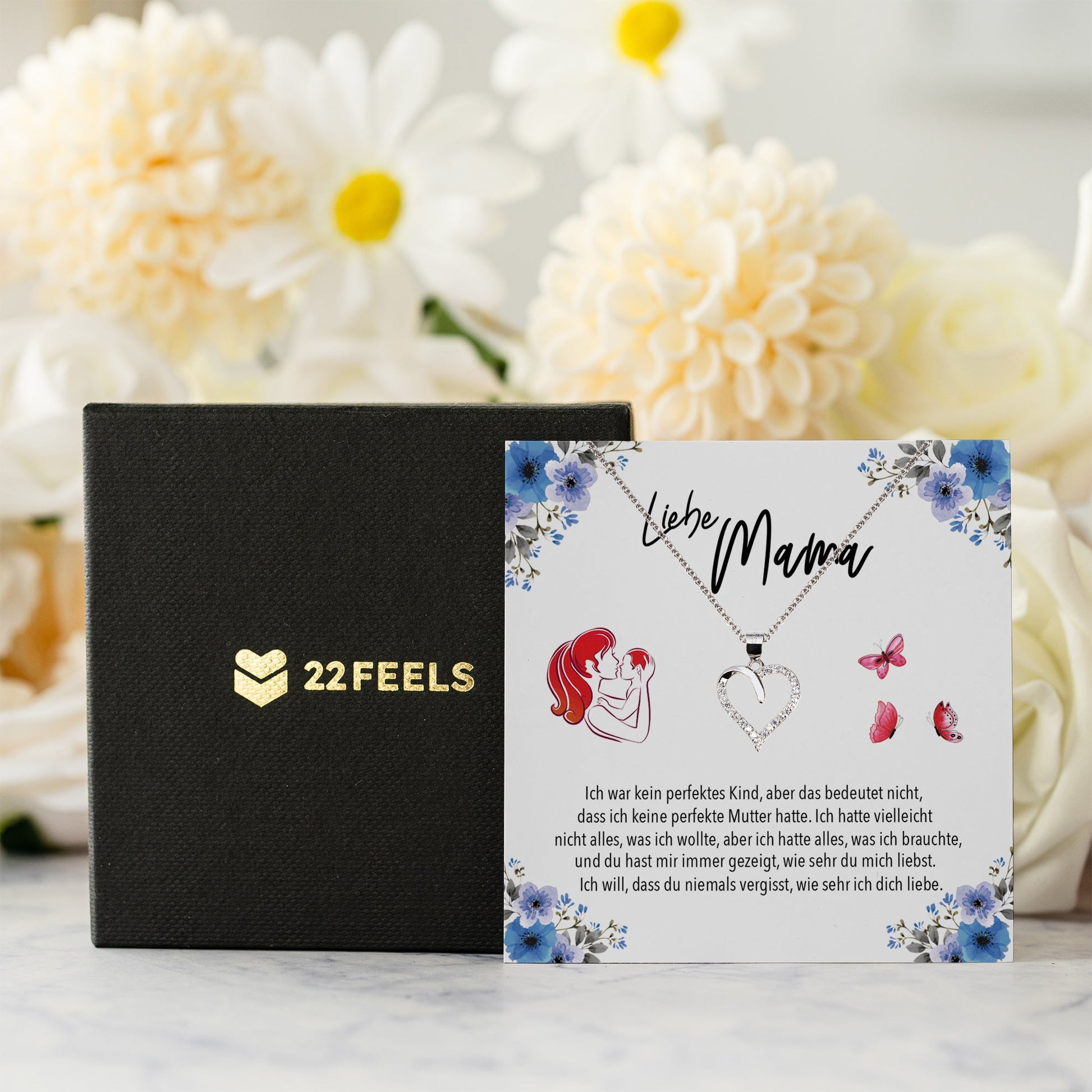 22Feels® Liebe Mama Geschenk Silber 925/000 Herz Halskette Muttertag Frauen Schmuck mit Karte Mutter Geburtstag Weihnachten Damen Collier Eltern-Schmuck mit Botschaftskarte - Herz21-22Feels