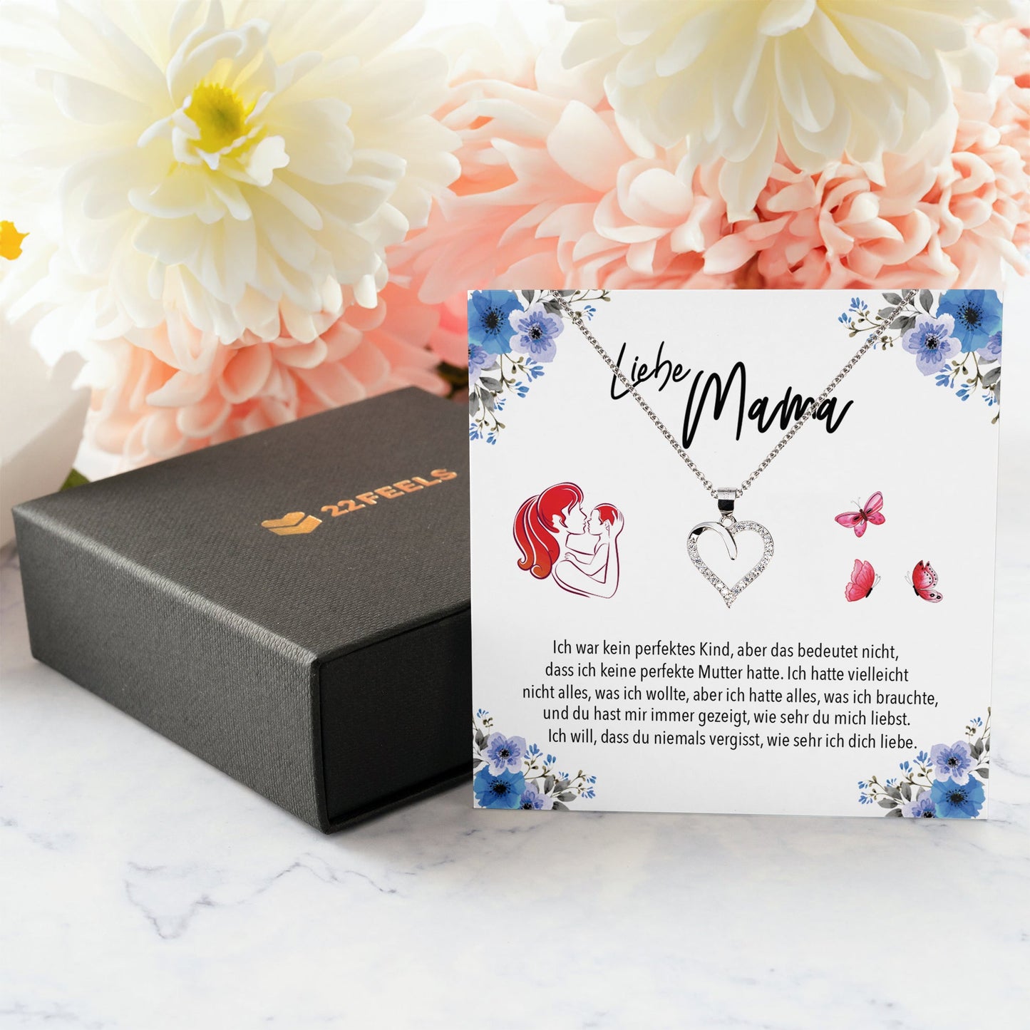22Feels® Liebe Mama Geschenk Silber 925/000 Herz Halskette Muttertag Frauen Schmuck mit Karte Mutter Geburtstag Weihnachten Damen Collier Eltern-Schmuck mit Botschaftskarte - Herz21-22Feels
