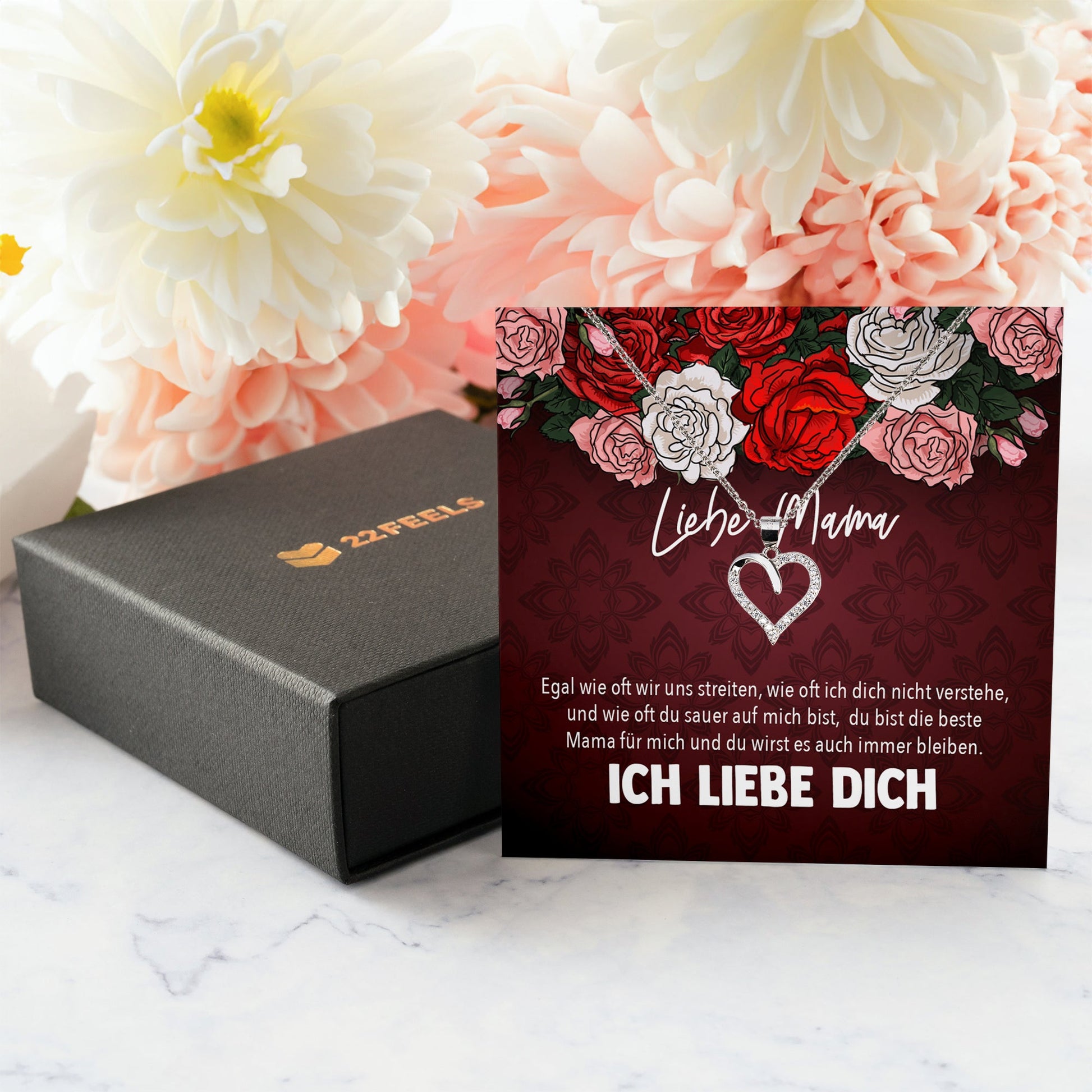 22Feels® Mama Geschenk von Tochter Muttertag Geburtstag Frauen Schmuck mit Karte Echt Silber Herz Halskette Weihnachten Idee Mutter Tochter-Schmuck mit Botschaftskarte - Herz21-22Feels