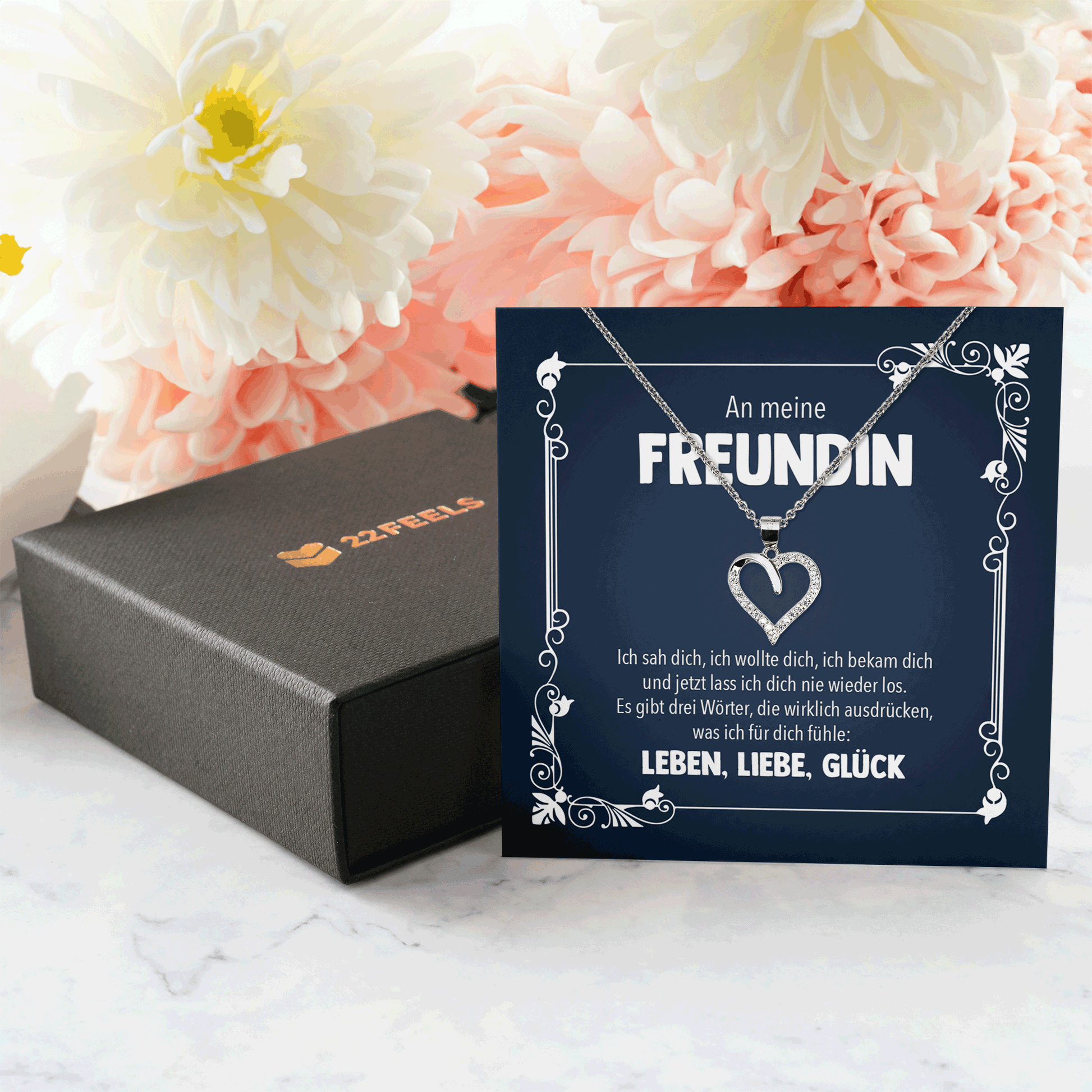 22Feels® Freundin Geschenk zu Jahrestag, Valentinstag und co. - Echt Silber 925/000 Schmuckset: Herz Halskette mit Botschaftskarte-Schmuck mit Botschaftskarte - Herz21-22Feels