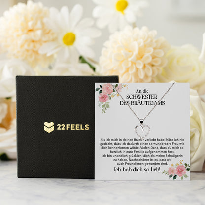 22Feels® Schwester des Bräutigams Geschenk von Braut Silber 925/000 Herz Halskette Frauen Schmuck Schwägerin Hochzeit Damen Collier mit Steinen-Schmuck mit Botschaftskarte - Herz21-22Feels