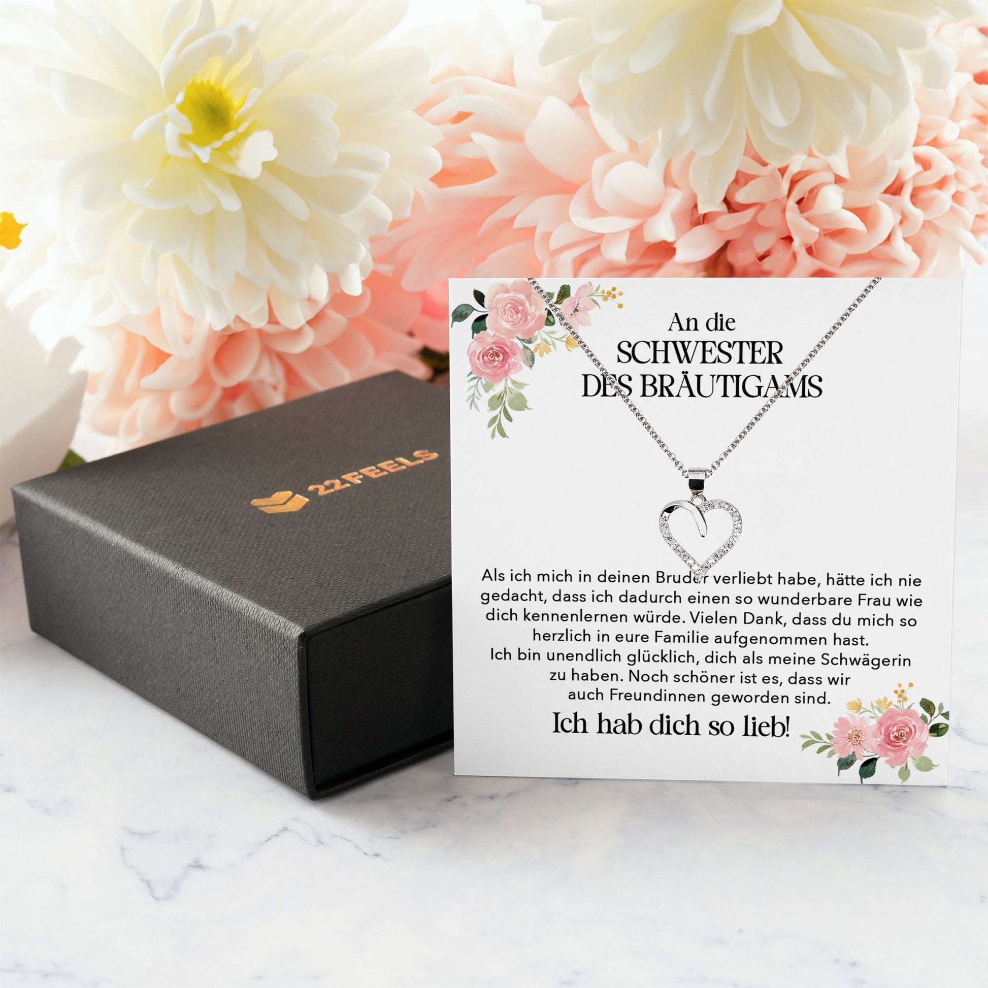 22Feels® Schwester des Bräutigams Geschenk von Braut Silber 925/000 Herz Halskette Frauen Schmuck Schwägerin Hochzeit Damen Collier mit Steinen-Schmuck mit Botschaftskarte - Herz21-22Feels
