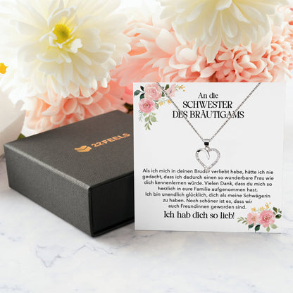 22Feels® Schwester des Bräutigams Geschenk von Braut Silber 925/000 Herz Halskette Frauen Schmuck Schwägerin Hochzeit Damen Collier mit Steinen-Schmuck mit Botschaftskarte - Herz21-22Feels