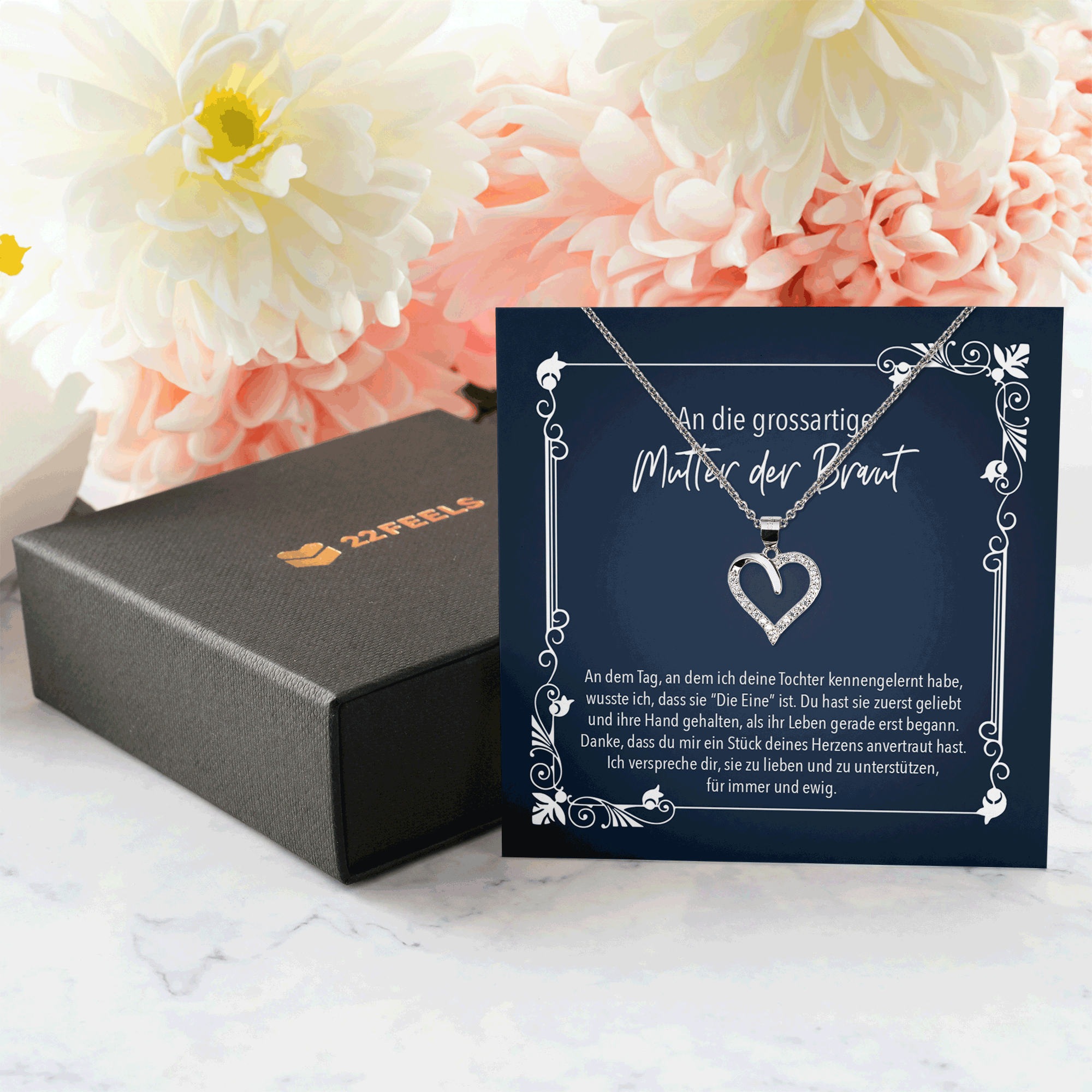 22Feels® Mutter der Braut Geschenk zur Hochzeit - Echt Silber 925/000 Schmuckset: Herz Halskette mit Botschaftskarte-Schmuck mit Botschaftskarte - Herz21-22Feels