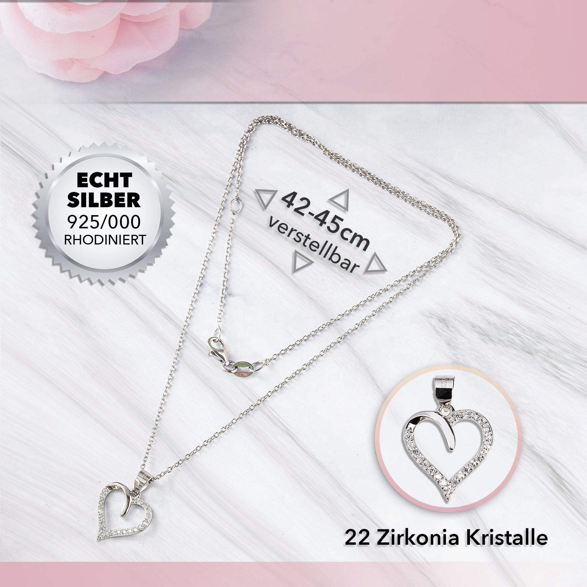 Ab 24,99/Stk Frauen Geschenk Collier mit Herzanhänger, Echt Silber 925/000, Halskette Rhodiniert, 22 Zirkonia Steine, Freudin Ehefrau Geschenk-Sublimationsrohlinge und Kreativbedarf-22Feels