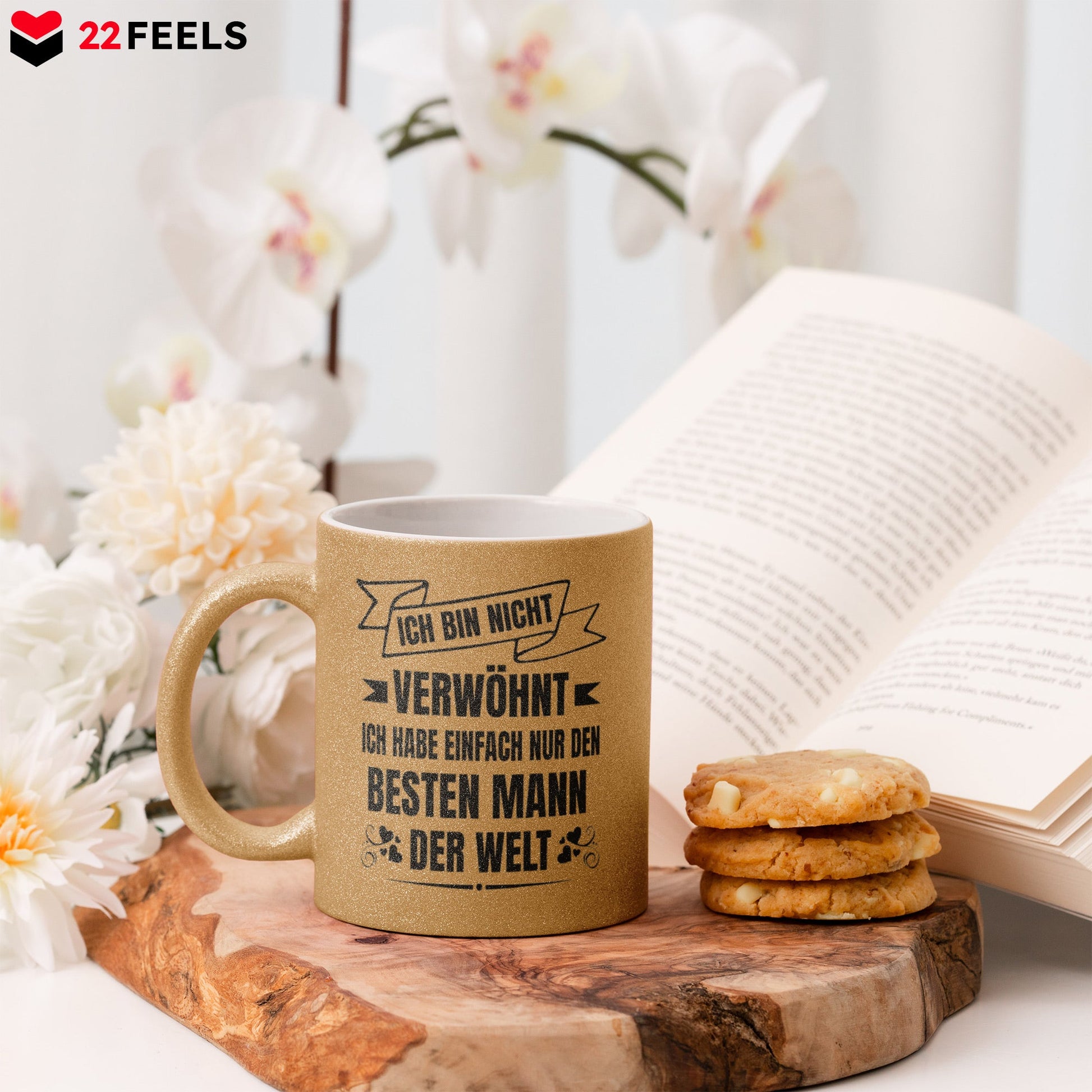 22Feels® Ehefrau Geschenk zum Hochzeitstag, Valentinstag etc. - Glitzertasse mit Spruch (Gold, 320ml)-Glitzertasse Gold 320ml-22Feels