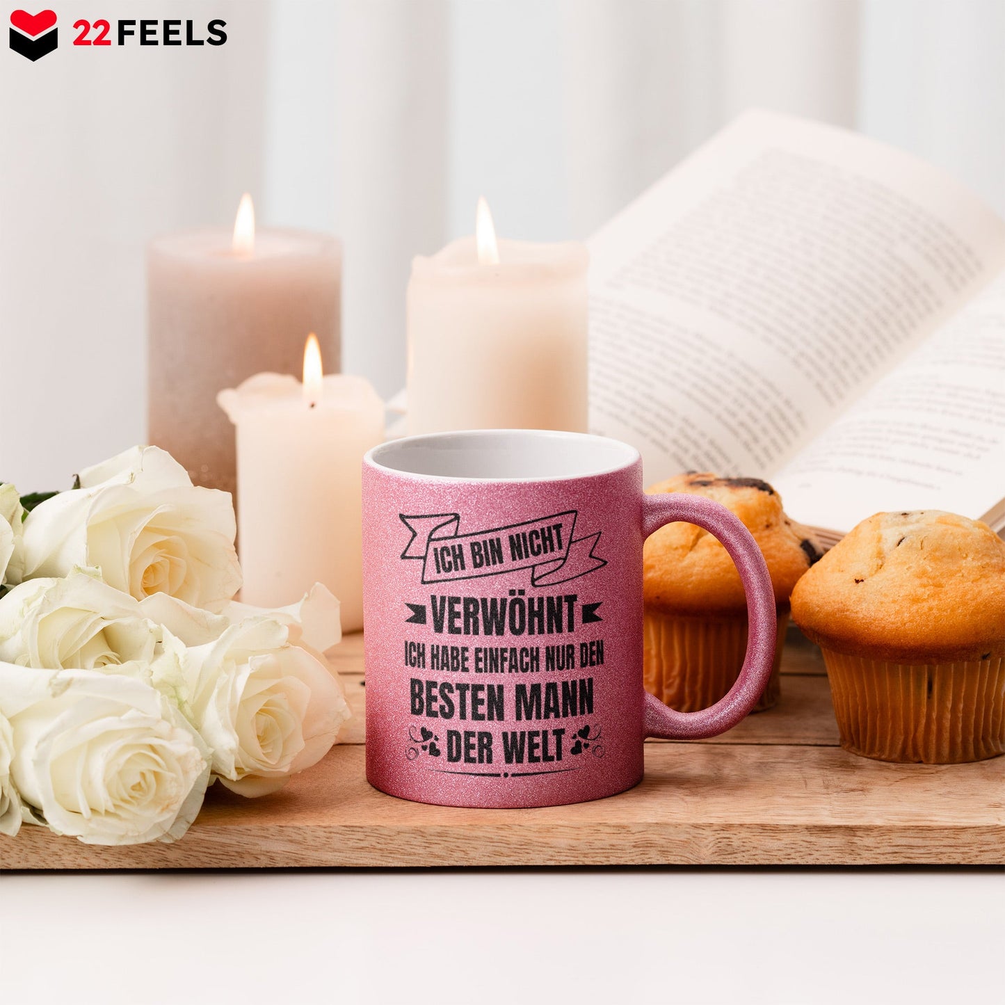 22Feels® Ehefrau Geschenk zum Hochzeitstag, Valentinstag etc. - Glitzertasse mit Spruch (Pink, 320ml)-Glitzertasse Pink 320ml-22Feels
