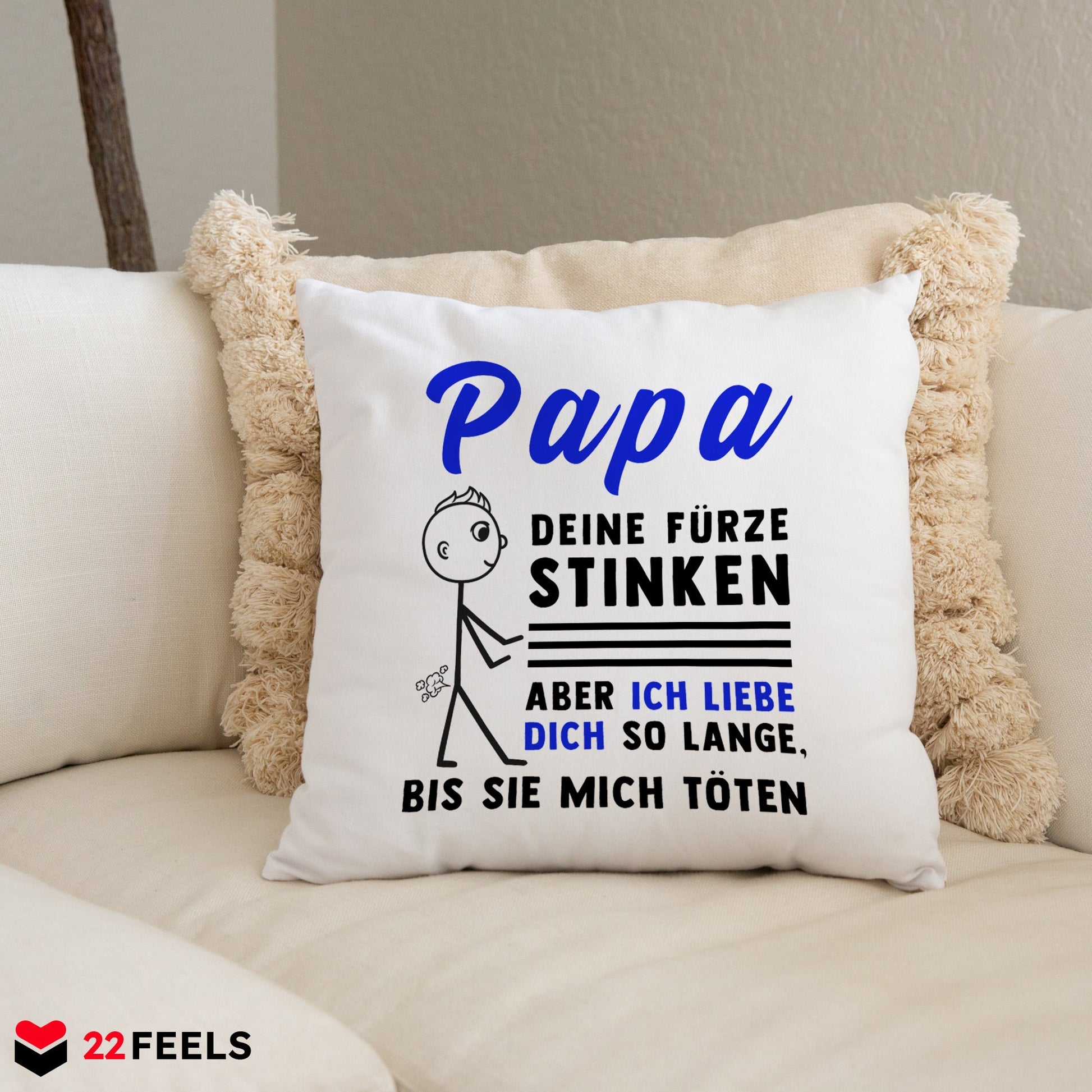 22Feels® ORIGINAL Kissen - Vater Geschenk - Spruch: Papa, Deine Fürze Stinken (Weiss, 40x40cm)-Kissen Weiss 40x40-22Feels