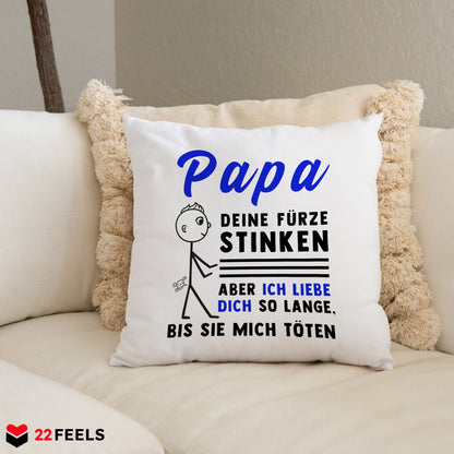 22Feels® ORIGINAL Kissen - Vater Geschenk - Spruch: Papa, Deine Fürze Stinken (Weiss, 40x40cm)-Kissen Weiss 40x40-22Feels