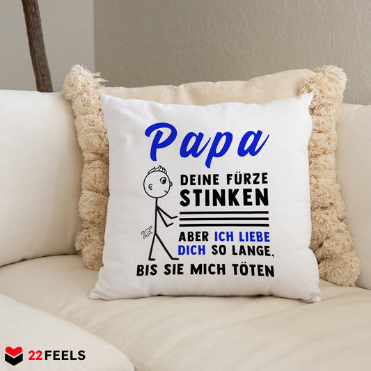 22Feels® ORIGINAL Kissen - Vater Geschenk - Spruch: Papa, Deine Fürze Stinken (Weiss, 40x40cm)-Kissen Weiss 40x40-22Feels