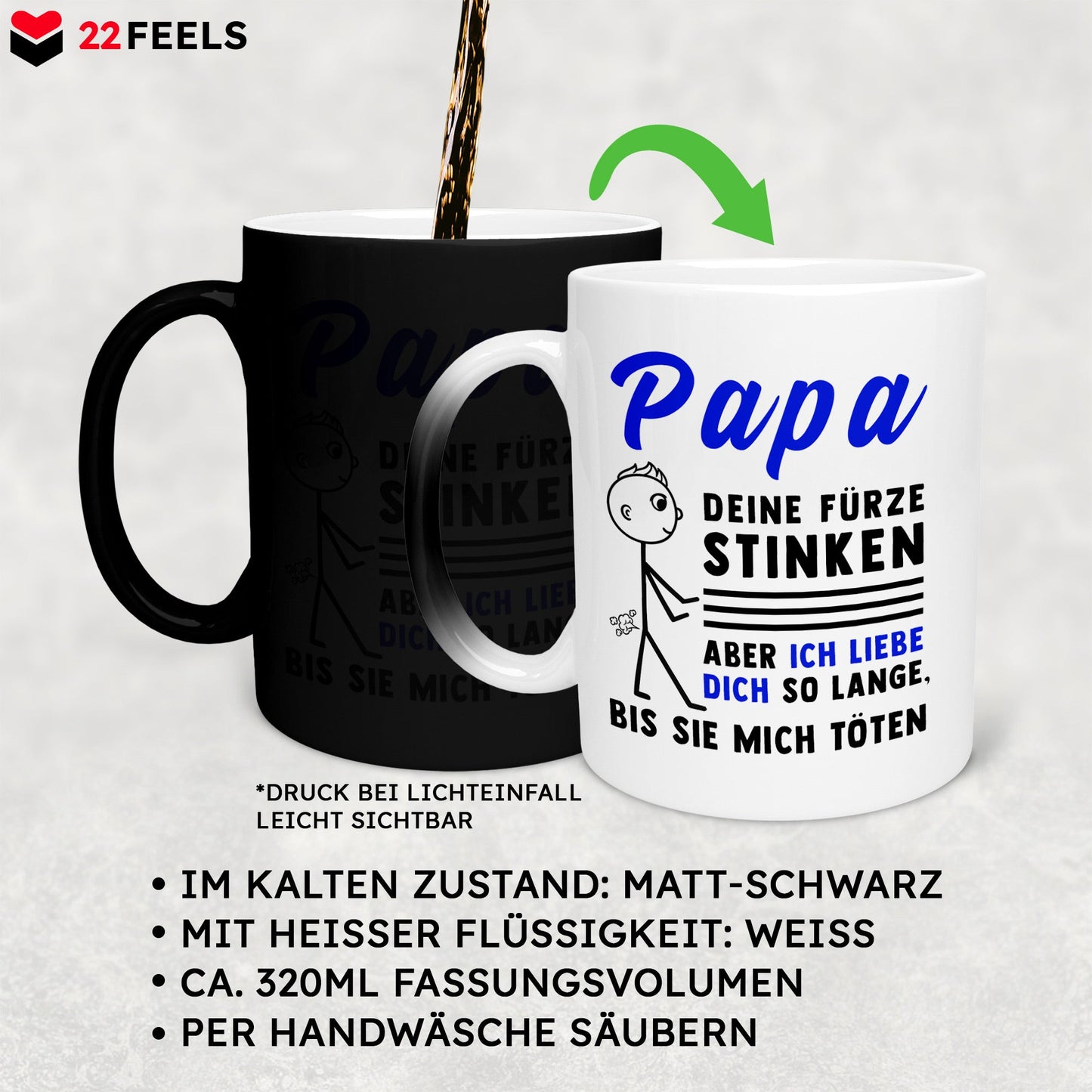 22Feels® ORIGINAL Zaubertasse - Vater Geschenk - Spruch: Papa, Deine Fürze Stinken (Matt-Schwarz und Weiss, 320ml)-Farbwechsel Tasse Matt 320ml-22Feels