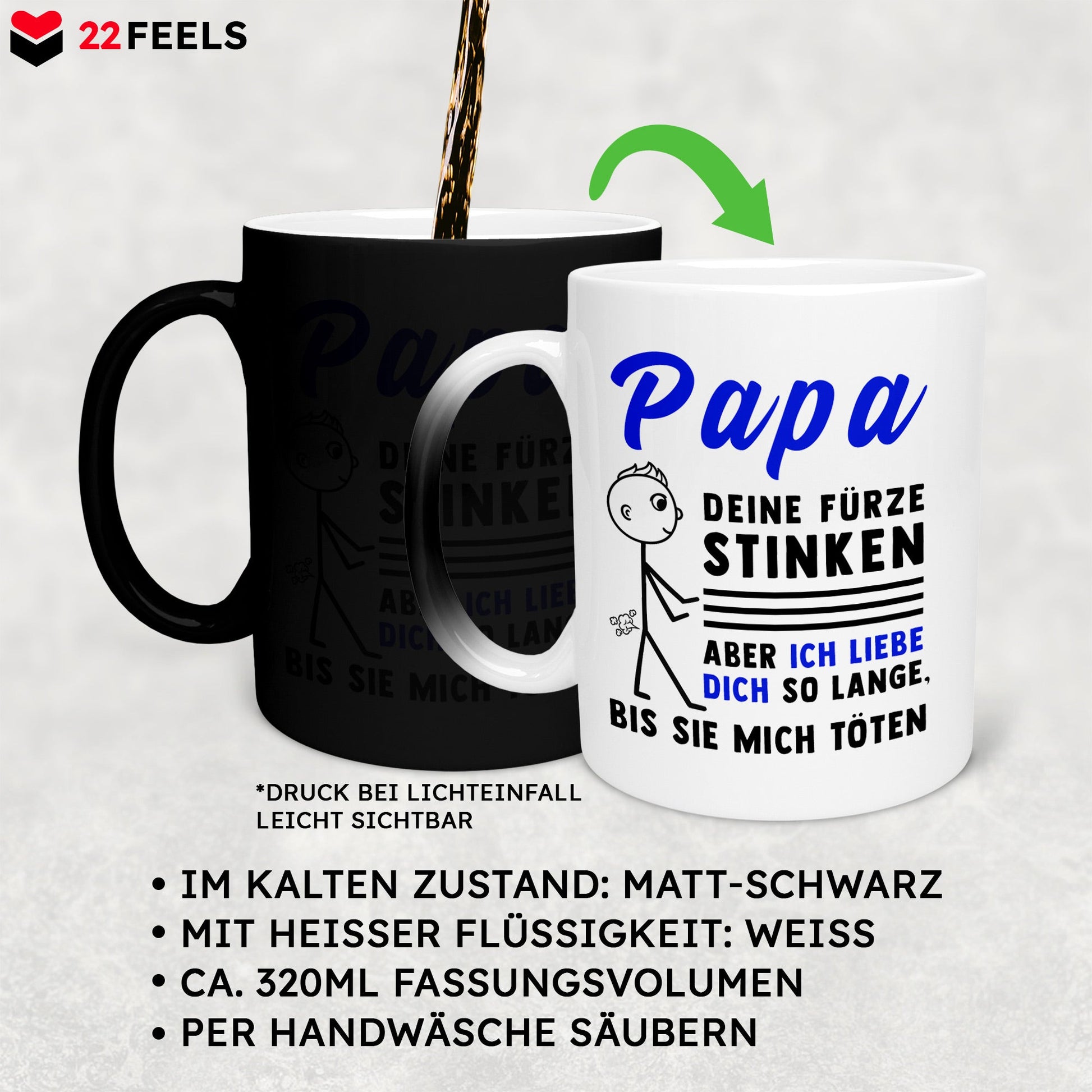 22Feels® ORIGINAL Zaubertasse - Vater Geschenk - Spruch: Papa, Deine Fürze Stinken (Matt-Schwarz und Weiss, 320ml)-Farbwechsel Tasse Matt 320ml-22Feels