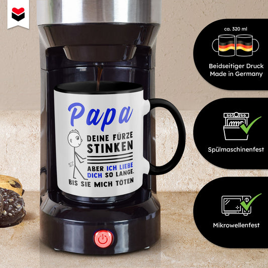 22Feels® ORIGINAL Tasse - Vater Geschenk - Spruch: Papa, Deine Fürze Stinken (Weiss-Schwarz, 320ml)-TwoTone Tasse Weiss-Schwarz 320ml-22Feels