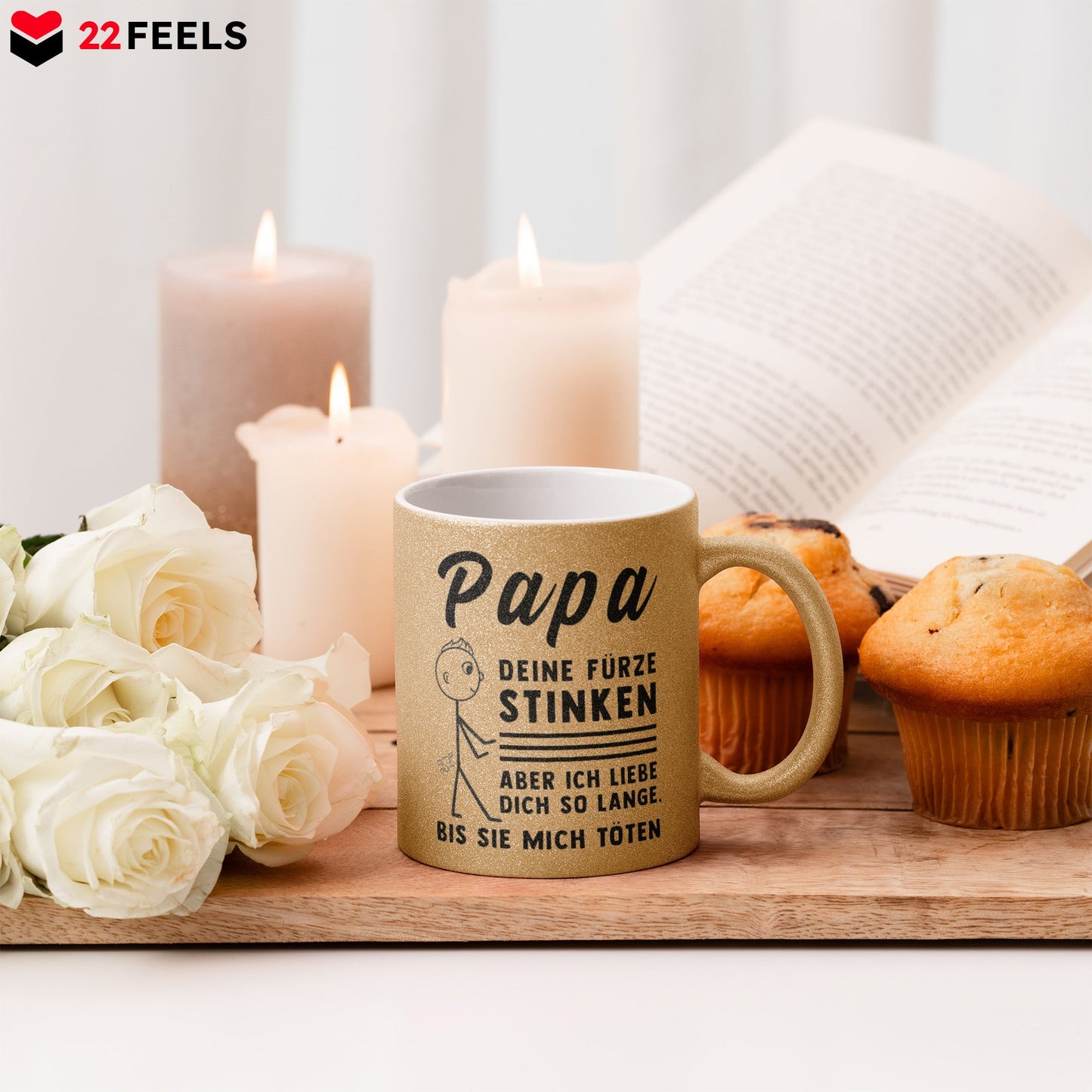 22Feels® ORIGINAL Glitzertasse - Vater Geschenk - Spruch: Papa, Deine Fürze Stinken (Gold, 320ml)-Glitzertasse Gold 320ml-22Feels