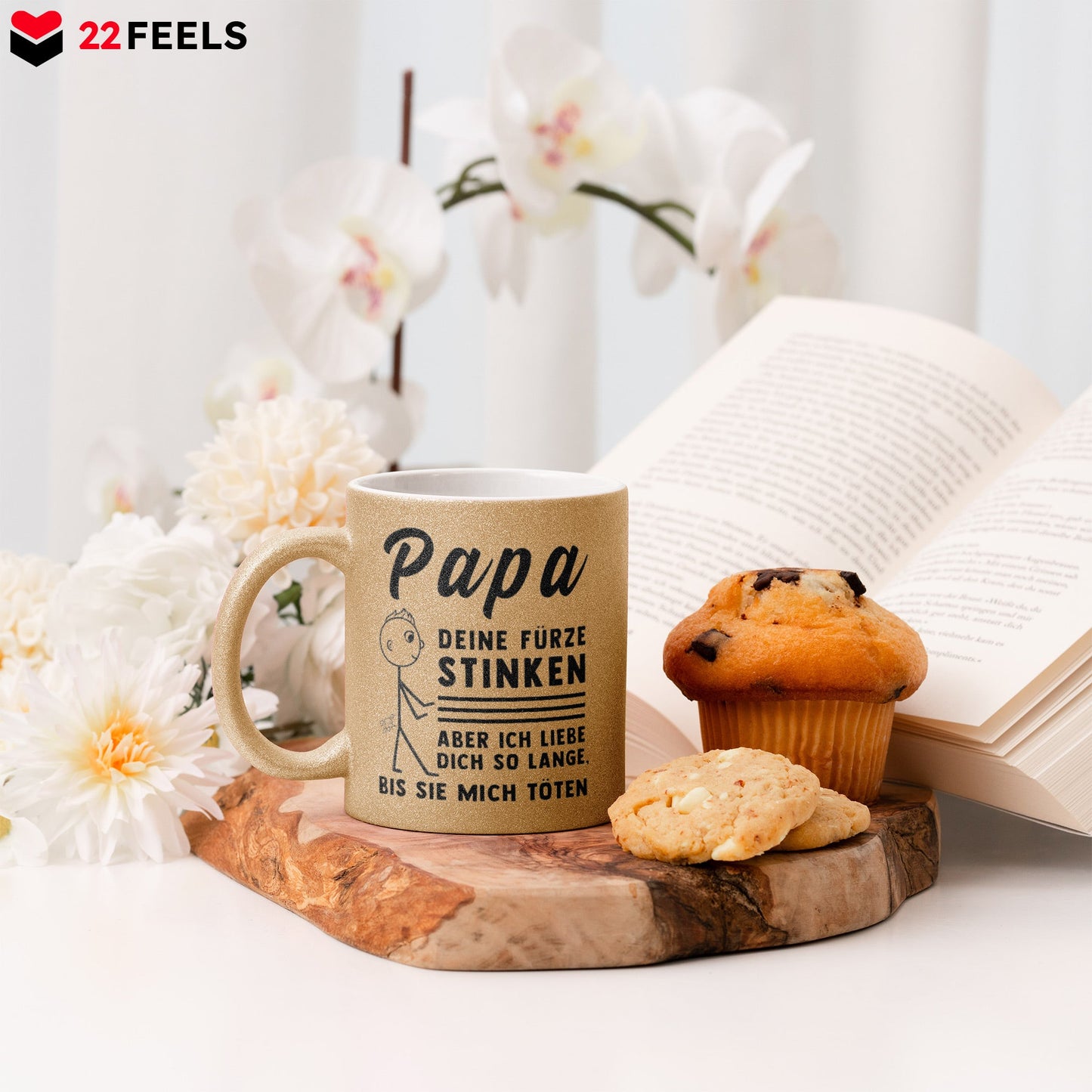22Feels® ORIGINAL Glitzertasse - Vater Geschenk - Spruch: Papa, Deine Fürze Stinken (Gold, 320ml)-Glitzertasse Gold 320ml-22Feels