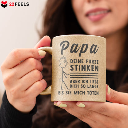 22Feels® ORIGINAL Glitzertasse - Vater Geschenk - Spruch: Papa, Deine Fürze Stinken (Gold, 320ml)-Glitzertasse Gold 320ml-22Feels