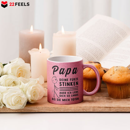 22Feels® ORIGINAL Glitzertasse - Vater Geschenk - Spruch: Papa, Deine Fürze Stinken (Pink, 320ml)-Glitzertasse Pink 320ml-22Feels