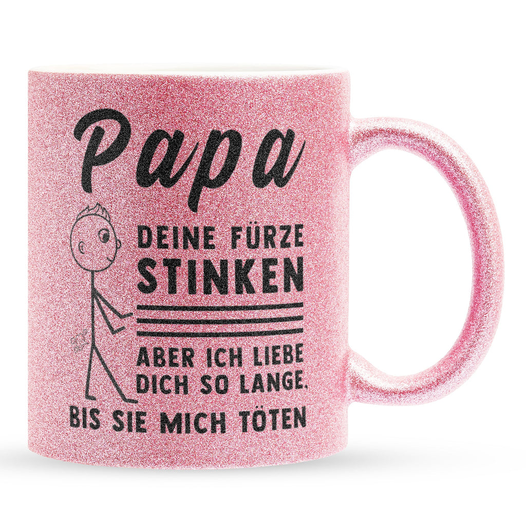 22Feels® ORIGINAL Glitzertasse - Vater Geschenk - Spruch: Papa, Deine Fürze Stinken (Pink, 320ml)-Glitzertasse Pink 320ml-22Feels
