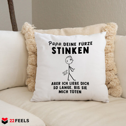 22Feels® ORIGINAL Kissen - Vater Geschenk - Spruch: Papa, Deine Fürze Stinken (Weiss, 40x40cm)-Kissen Weiss 40x40-22Feels