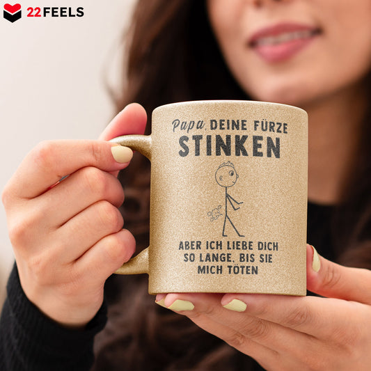 22Feels® ORIGINAL Glitzertasse - Vater Geschenk - Spruch: Papa, Deine Fürze Stinken (Gold, 320ml)-Glitzertasse Gold 320ml-22Feels