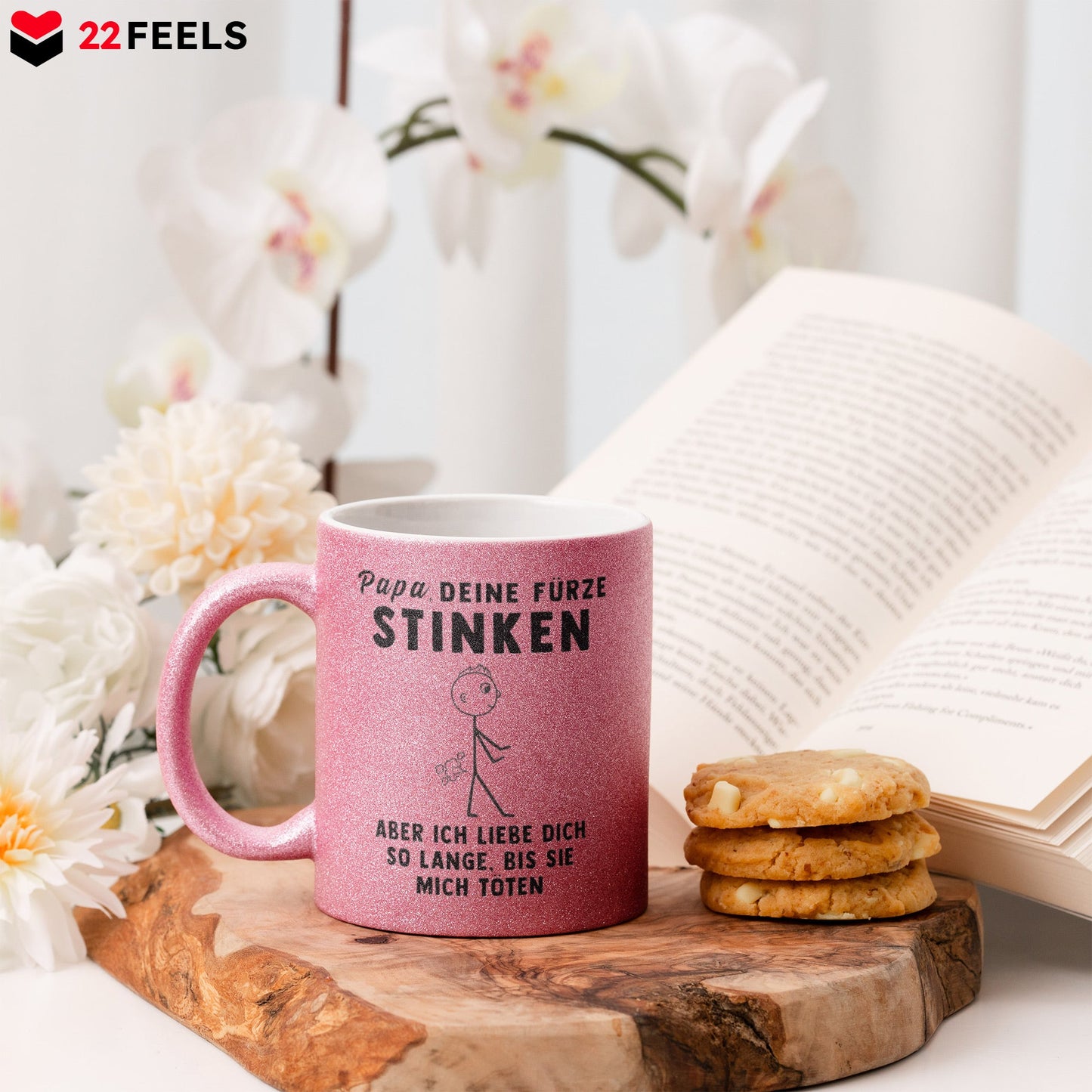 22Feels® ORIGINAL Glitzertasse - Vater Geschenk - Spruch: Papa, Deine Fürze Stinken (Pink, 320ml)-Glitzertasse Pink 320ml-22Feels