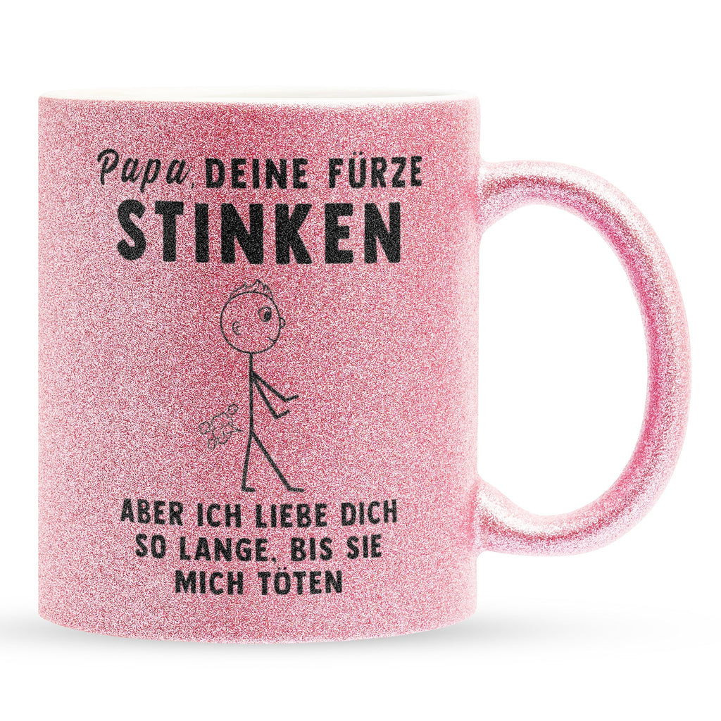 22Feels® ORIGINAL Glitzertasse - Vater Geschenk - Spruch: Papa, Deine Fürze Stinken (Pink, 320ml)-Glitzertasse Pink 320ml-22Feels