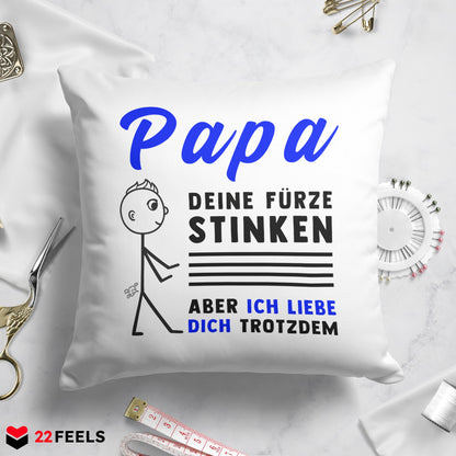 22Feels® ORIGINAL Kissen - Vater Geschenk - Spruch: Papa, Deine Fürze Stinken (Weiss, 40x40cm)-Kissen Weiss 40x40-22Feels