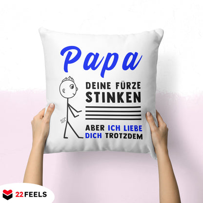 22Feels® ORIGINAL Kissen - Vater Geschenk - Spruch: Papa, Deine Fürze Stinken (Weiss, 40x40cm)-Kissen Weiss 40x40-22Feels