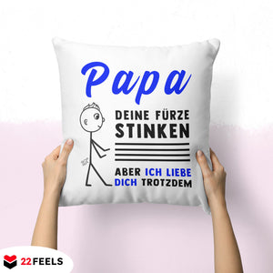 22Feels® ORIGINAL Kissen - Vater Geschenk - Spruch: Papa, Deine Fürze Stinken (Weiss, 40x40cm)-Kissen Weiss 40x40-22Feels