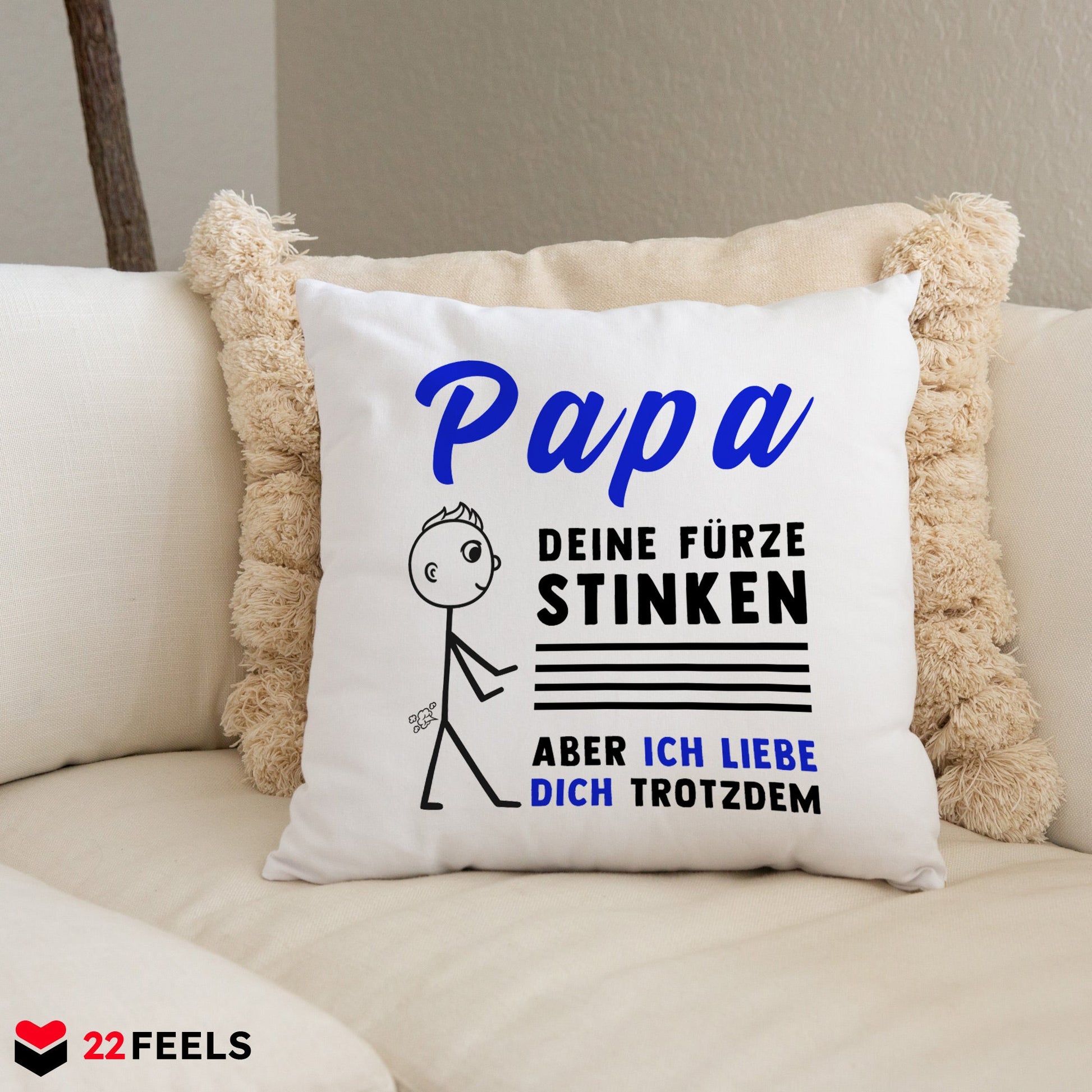 22Feels® ORIGINAL Kissen - Vater Geschenk - Spruch: Papa, Deine Fürze Stinken (Weiss, 40x40cm)-Kissen Weiss 40x40-22Feels