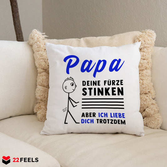 22Feels® ORIGINAL Kissen - Vater Geschenk - Spruch: Papa, Deine Fürze Stinken (Weiss, 40x40cm)-Kissen Weiss 40x40-22Feels