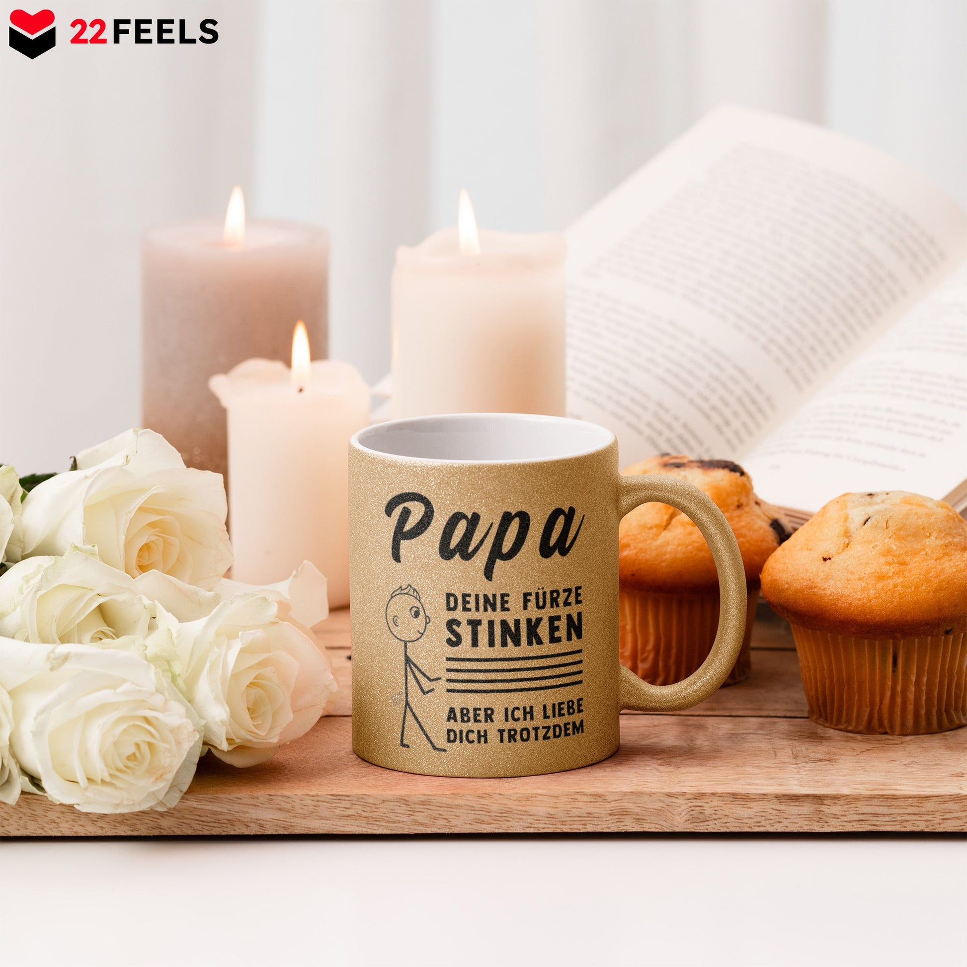 22Feels® ORIGINAL Glitzertasse - Vater Geschenk - Spruch: Papa, Deine Fürze Stinken (Gold, 320ml)-Glitzertasse Gold 320ml-22Feels