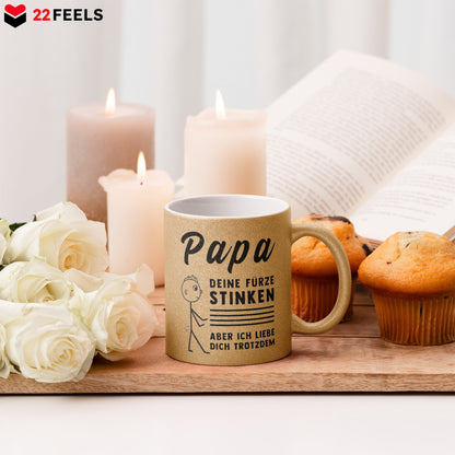 22Feels® ORIGINAL Glitzertasse - Vater Geschenk - Spruch: Papa, Deine Fürze Stinken (Gold, 320ml)-Glitzertasse Gold 320ml-22Feels