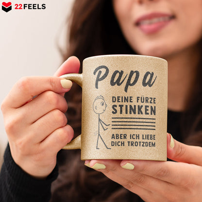 22Feels® ORIGINAL Glitzertasse - Vater Geschenk - Spruch: Papa, Deine Fürze Stinken (Gold, 320ml)-Glitzertasse Gold 320ml-22Feels