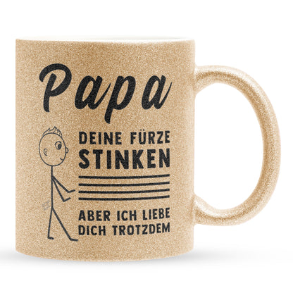 22Feels® ORIGINAL Glitzertasse - Vater Geschenk - Spruch: Papa, Deine Fürze Stinken (Gold, 320ml)-Glitzertasse Gold 320ml-22Feels