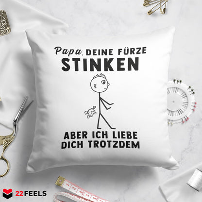 22Feels® ORIGINAL Kissen - Vater Geschenk - Spruch: Papa, Deine Fürze Stinken (Weiss, 40x40cm)-Kissen Weiss 40x40-22Feels