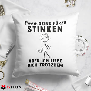 22Feels® ORIGINAL Kissen - Vater Geschenk - Spruch: Papa, Deine Fürze Stinken (Weiss, 40x40cm)-Kissen Weiss 40x40-22Feels
