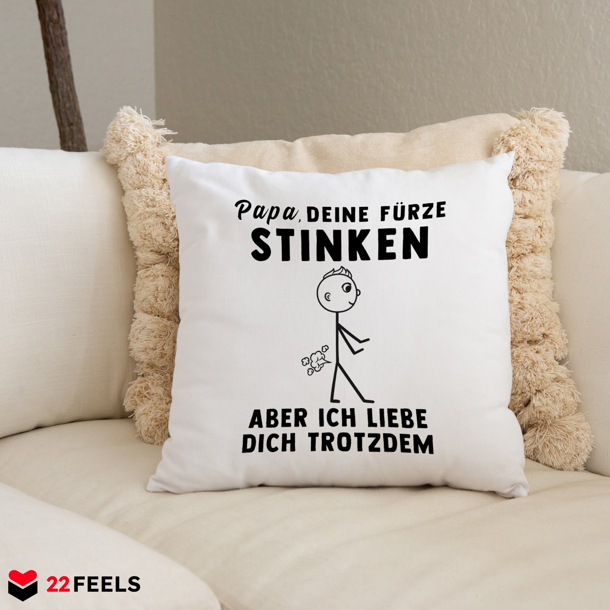 22Feels® ORIGINAL Kissen - Vater Geschenk - Spruch: Papa, Deine Fürze Stinken (Weiss, 40x40cm)-Kissen Weiss 40x40-22Feels