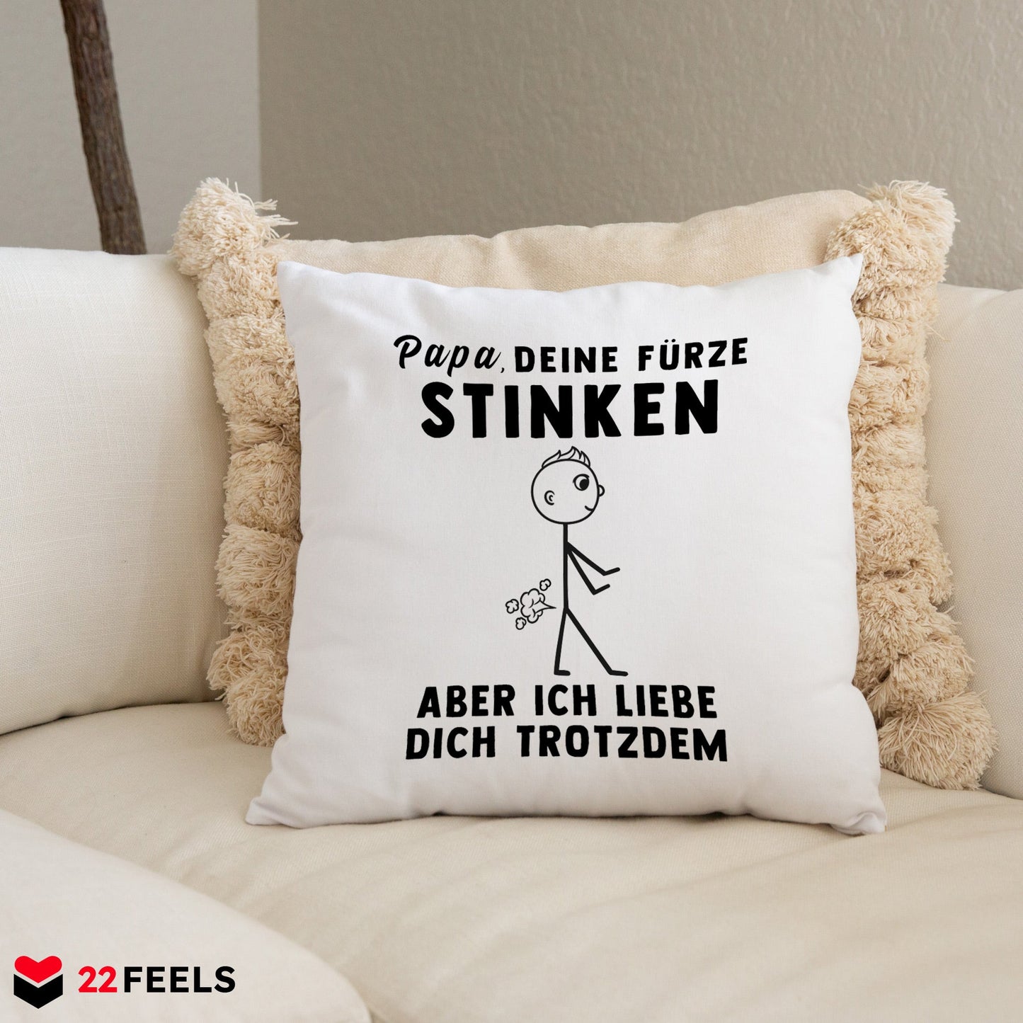 22Feels® ORIGINAL Kissen - Vater Geschenk - Spruch: Papa, Deine Fürze Stinken (Weiss, 40x40cm)-Kissen Weiss 40x40-22Feels