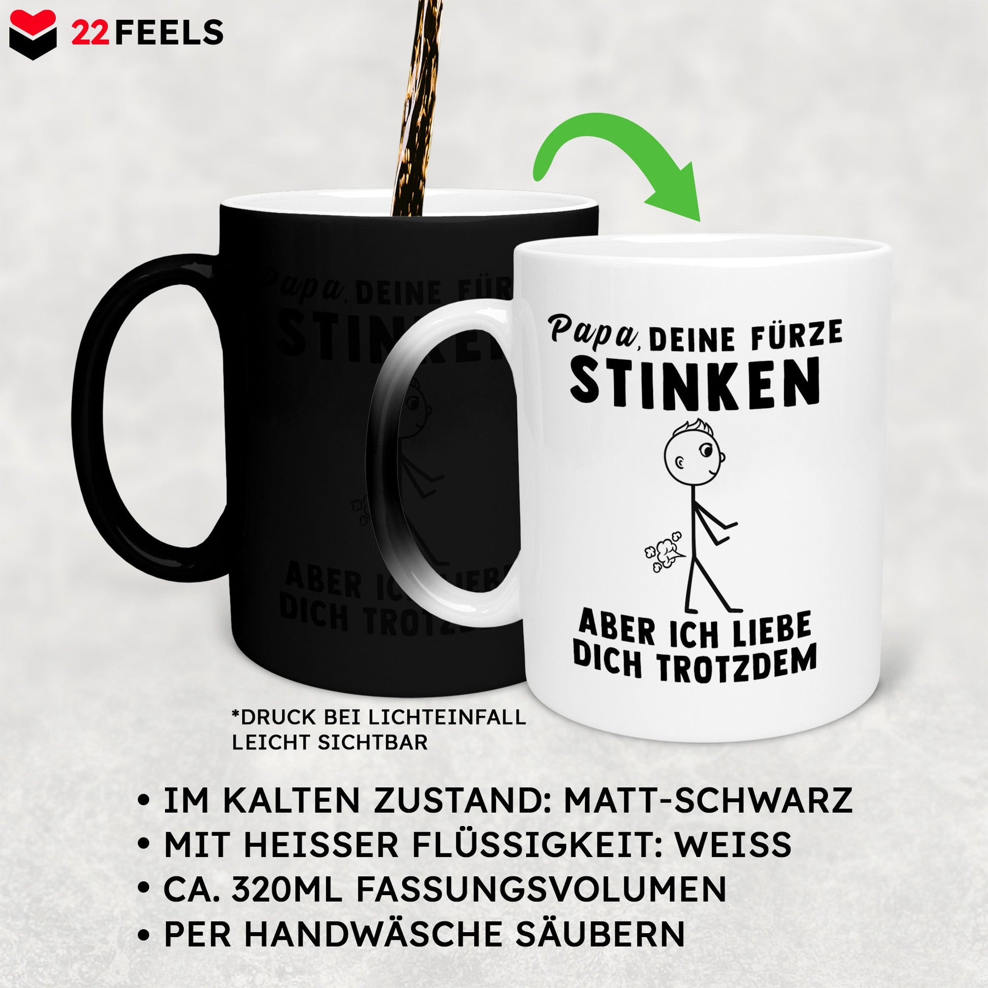 22Feels® ORIGINAL Zaubertasse - Vater Geschenk - Spruch: Papa, Deine Fürze Stinken (Matt-Schwarz und Weiss, 320ml)-Farbwechsel Tasse Matt 320ml-22Feels