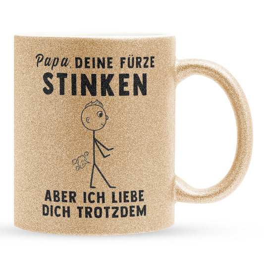 22Feels® ORIGINAL Glitzertasse - Vater Geschenk - Spruch: Papa, Deine Fürze Stinken (Gold, 320ml)-Glitzertasse Gold 320ml-22Feels