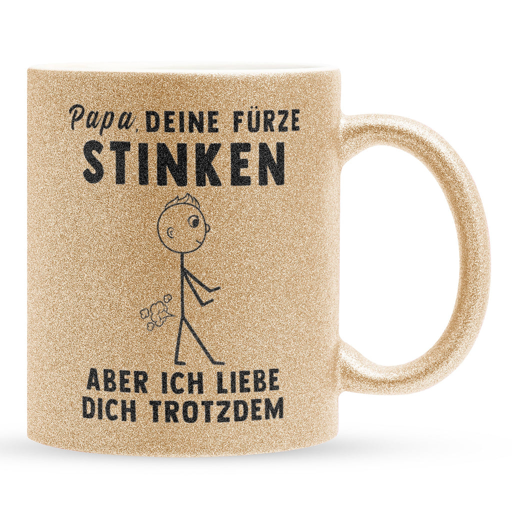 22Feels® ORIGINAL Glitzertasse - Vater Geschenk - Spruch: Papa, Deine Fürze Stinken (Gold, 320ml)-Glitzertasse Gold 320ml-22Feels