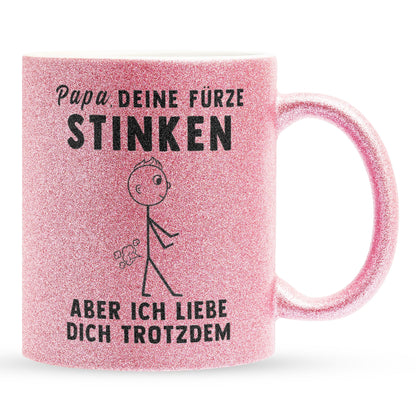 22Feels® ORIGINAL Glitzertasse - Vater Geschenk - Spruch: Papa, Deine Fürze Stinken (Pink, 320ml)-Glitzertasse Pink 320ml-22Feels