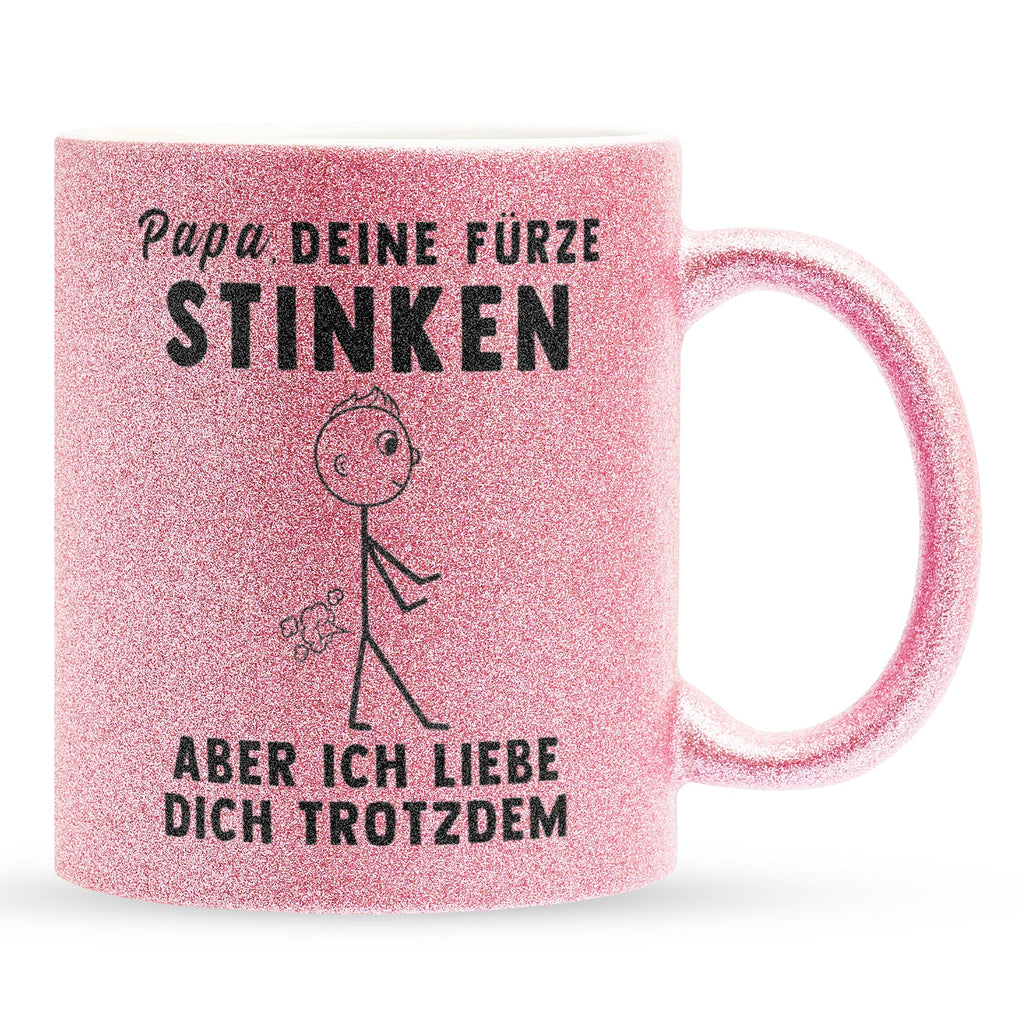 22Feels® ORIGINAL Glitzertasse - Vater Geschenk - Spruch: Papa, Deine Fürze Stinken (Pink, 320ml)-Glitzertasse Pink 320ml-22Feels