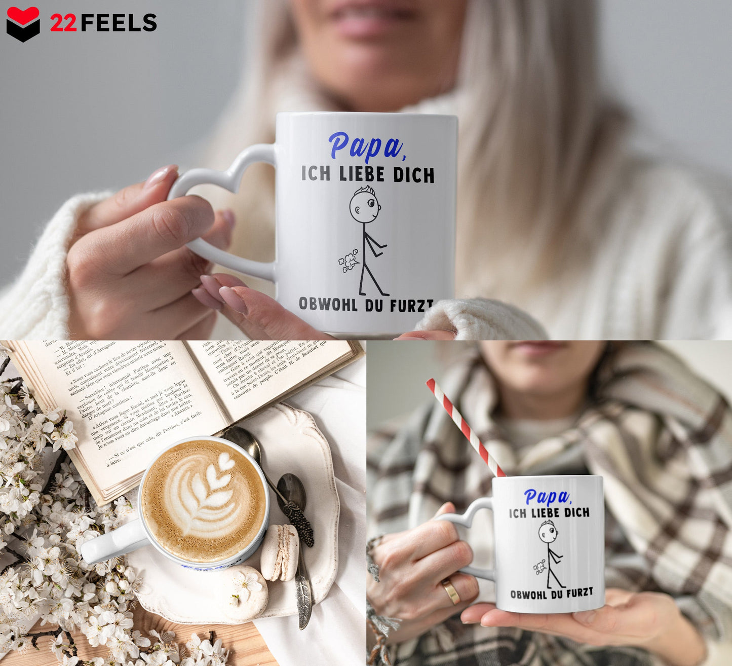 22Feels® Geschenk für Papas - Tasse mit Spruch: Ich Liebe Dich Obwohl Du Furzt (Herzhenkel, Weiss, 320ml)-Tasse Weiss Herzhenkel 320ml-22Feels