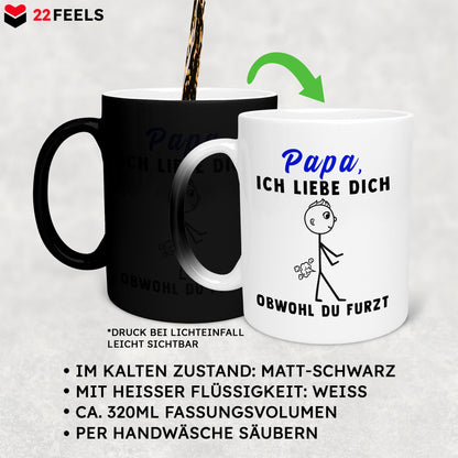 22Feels® ORIGINAL Zaubertasse - Vater Geschenk - Spruch: Ich Liebe Dich, Obwohl Du Furzt (Matt-Schwarz und Weiss, 320ml)-Farbwechsel Tasse Matt 320ml-22Feels