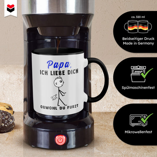 22Feels® ORIGINAL Tasse - Vater Geschenk - Spruch: Ich Liebe Dich, Obwohl Du Furzt (Weiss-Schwarz, 320ml)-TwoTone Tasse Weiss-Schwarz 320ml-22Feels